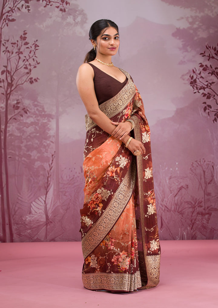 Brown Printed Georgette Saree
