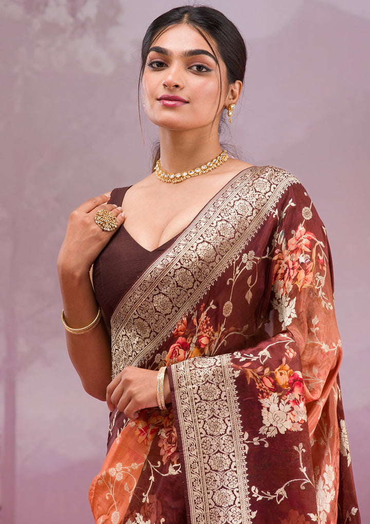 Brown Printed Georgette Saree