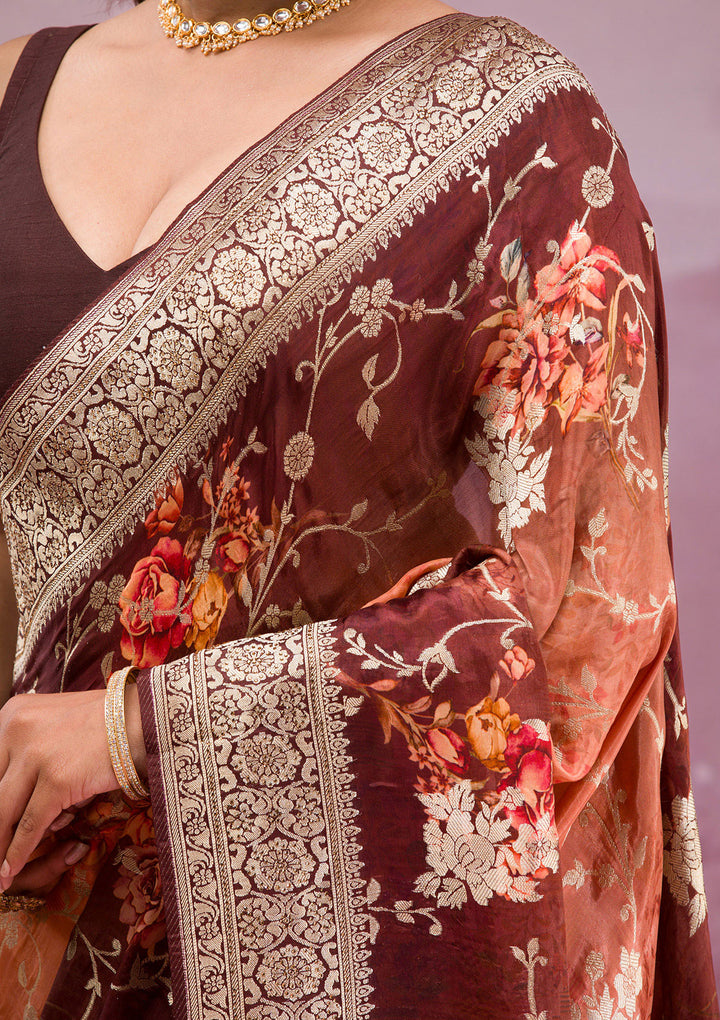 Brown Printed Georgette Saree