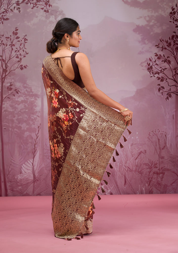 Brown Printed Georgette Saree