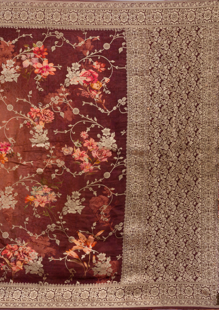 Brown Printed Georgette Saree