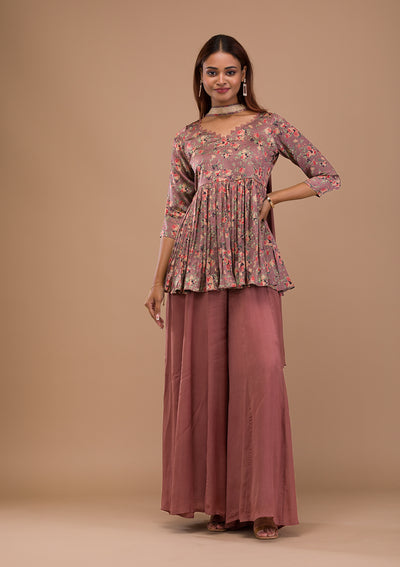 Brown Printed Satin Readymade Sharara Suit