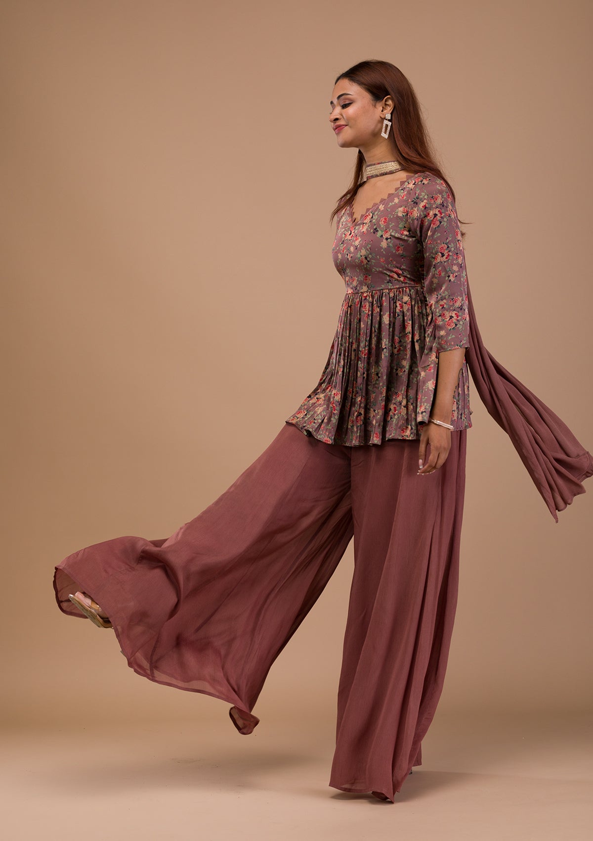 Brown Printed Satin Readymade Sharara Suit