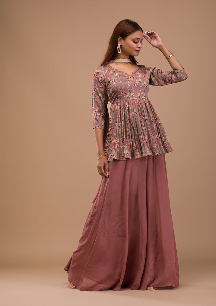 Brown Printed Satin Readymade Sharara Suit