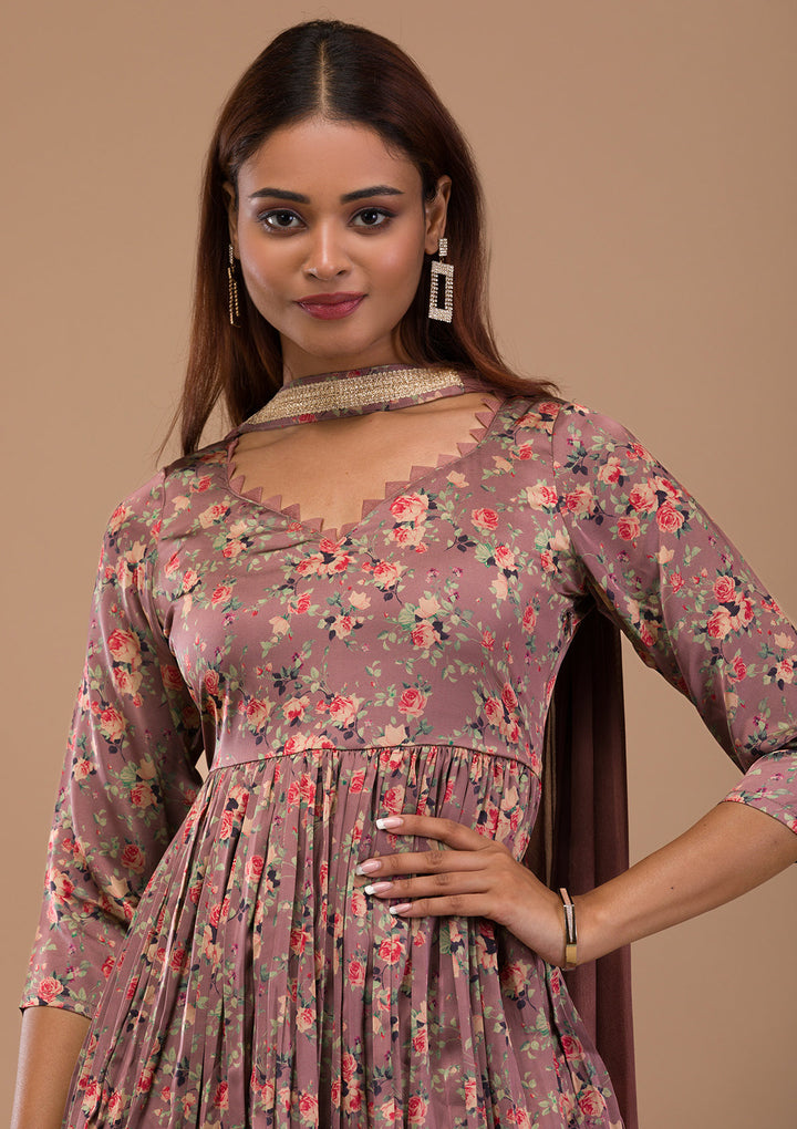 Brown Printed Satin Readymade Sharara Suit