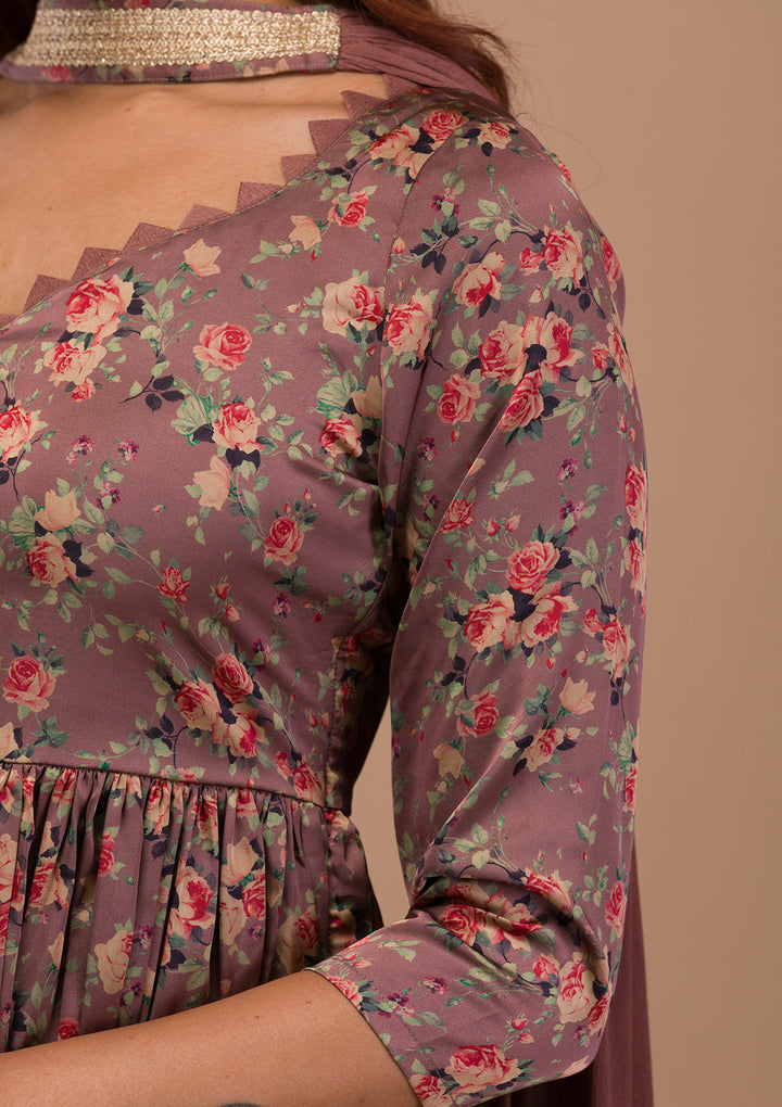 Brown Printed Satin Readymade Sharara Suit