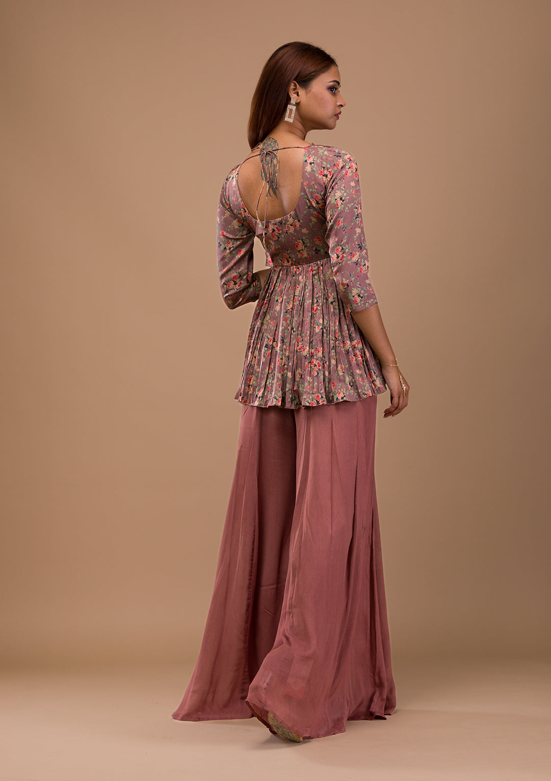 Brown Printed Satin Readymade Sharara Suit