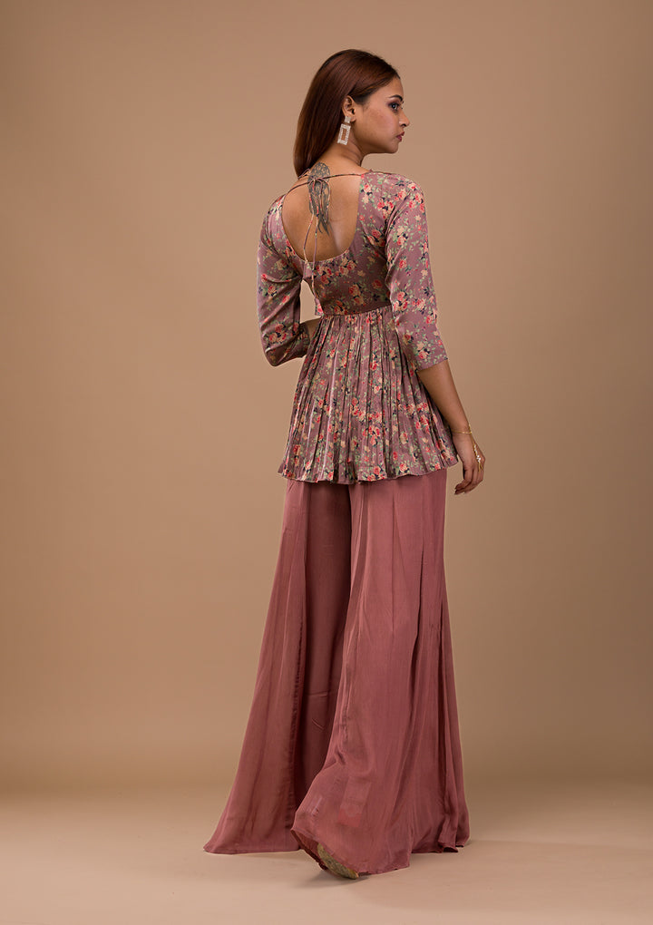 Brown Printed Satin Readymade Sharara Suit