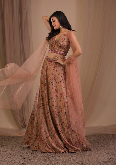 Brown Printed Satin Readymade Lehenga-Koskii