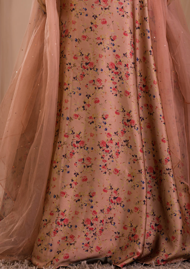 Brown Printed Satin Readymade Lehenga