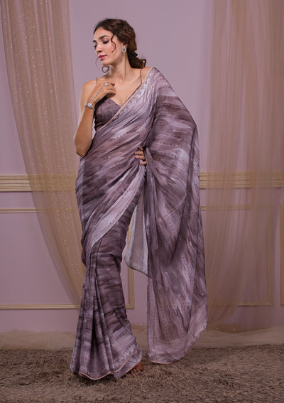 Brown Printed Semi Crepe Designer Saree-Koskii