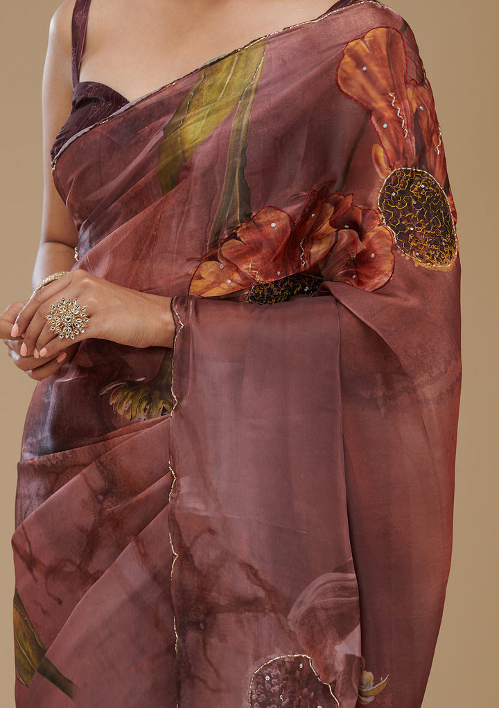 Brown Printed Tissue Saree