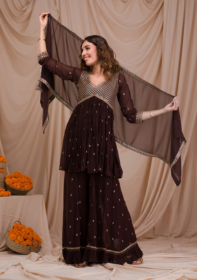 Brown Sequins Georgette Readymade Salwar Suit-Koskii