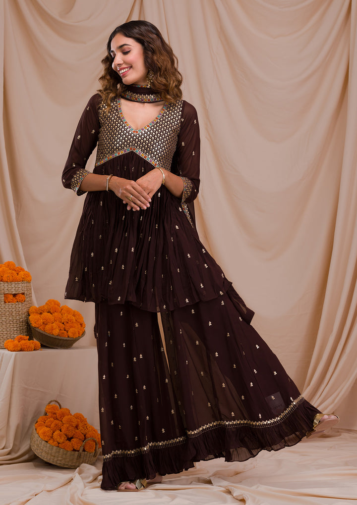 Brown Sequins Georgette Readymade Salwar Suit-Koskii