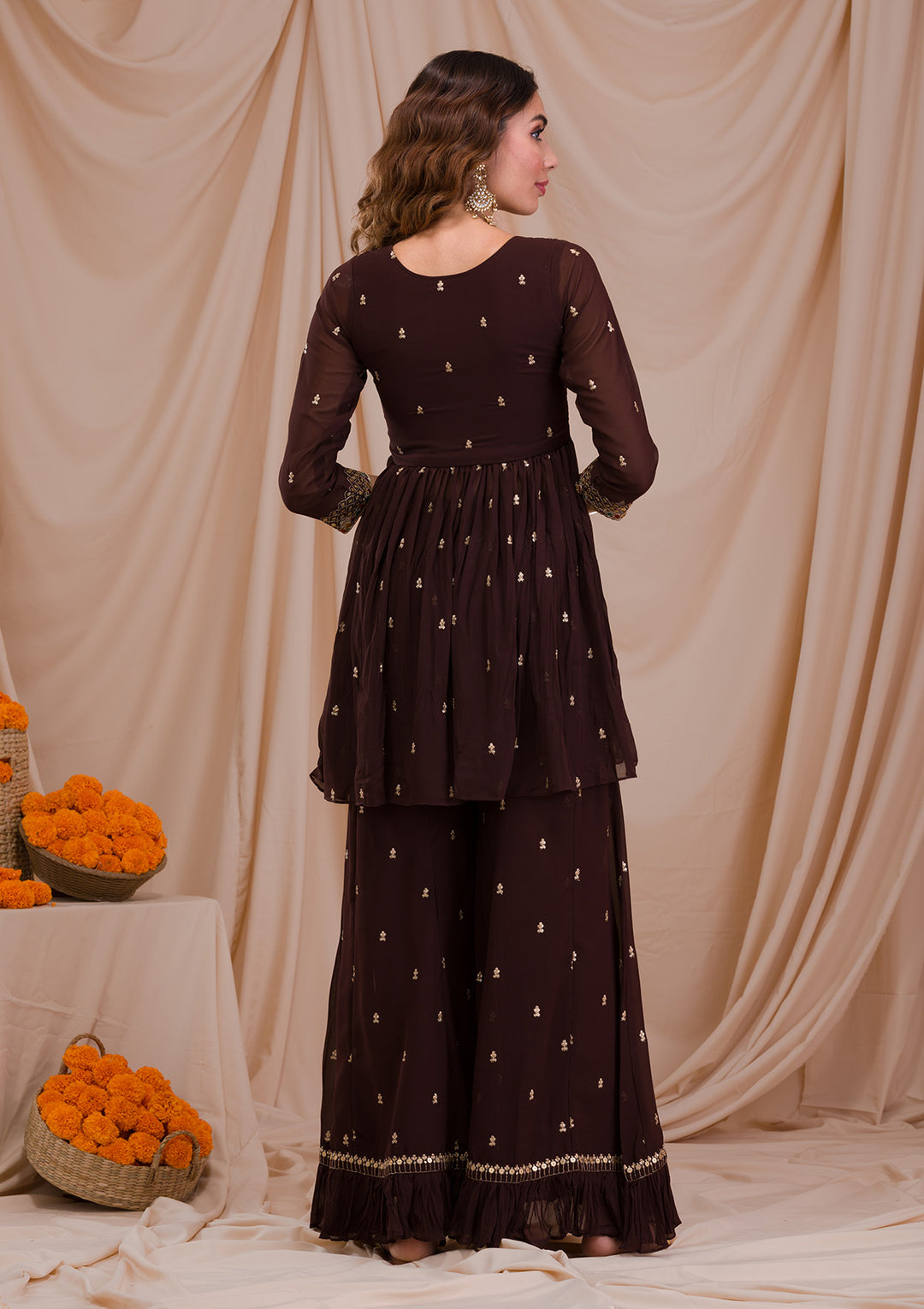 Brown Sequins Georgette Readymade Sharara Suit