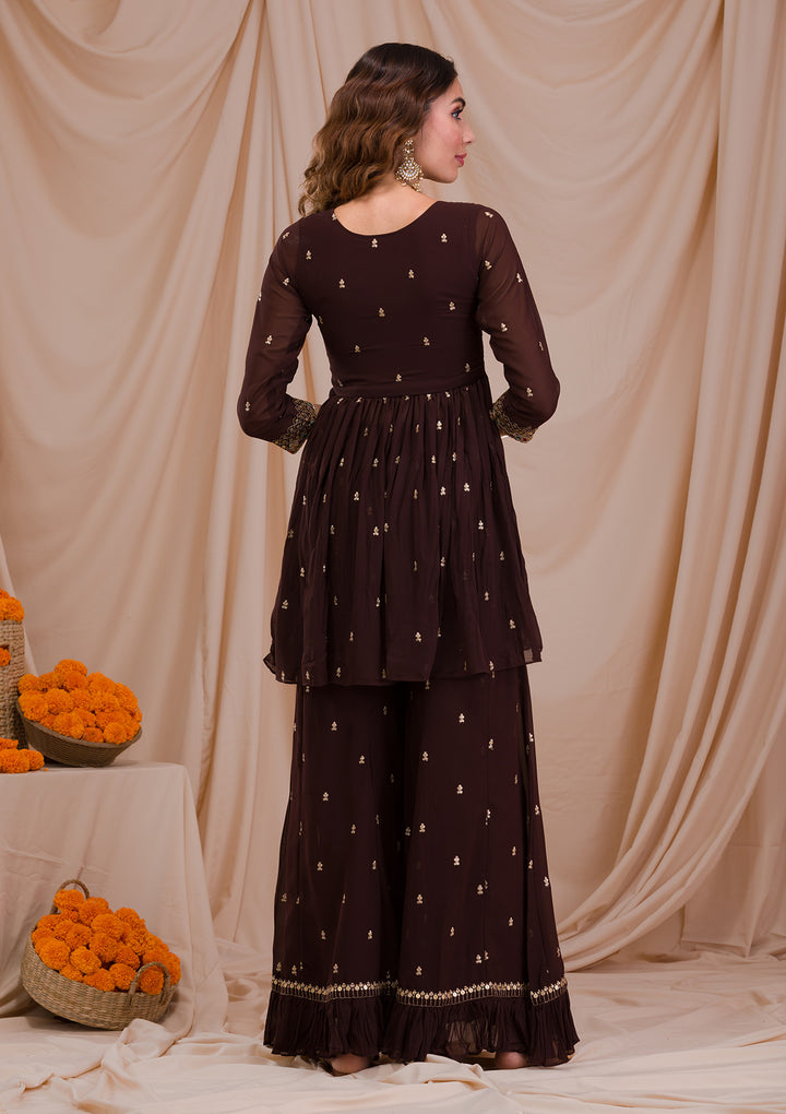 Brown Sequins Georgette Readymade Sharara Suit