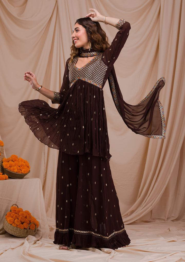 Brown Sequins Georgette Readymade Salwar Suit-Koskii