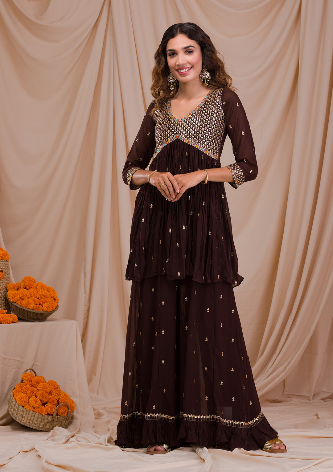 Brown Sequins Georgette Readymade Salwar Suit-Koskii