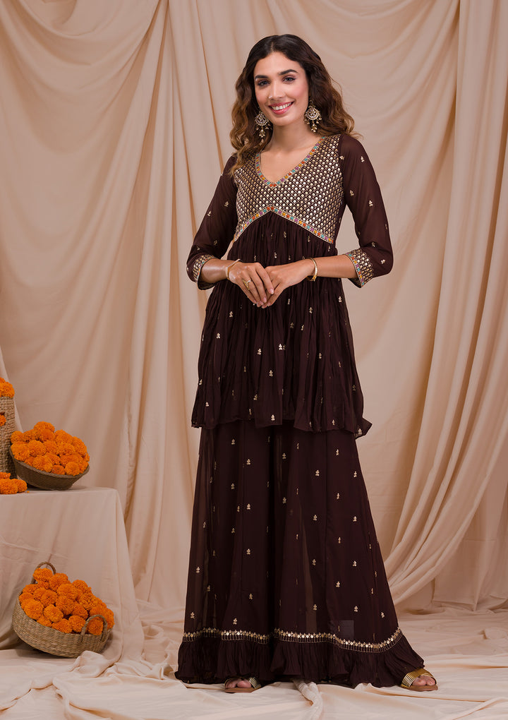 Brown Sequins Georgette Readymade Salwar Suit-Koskii