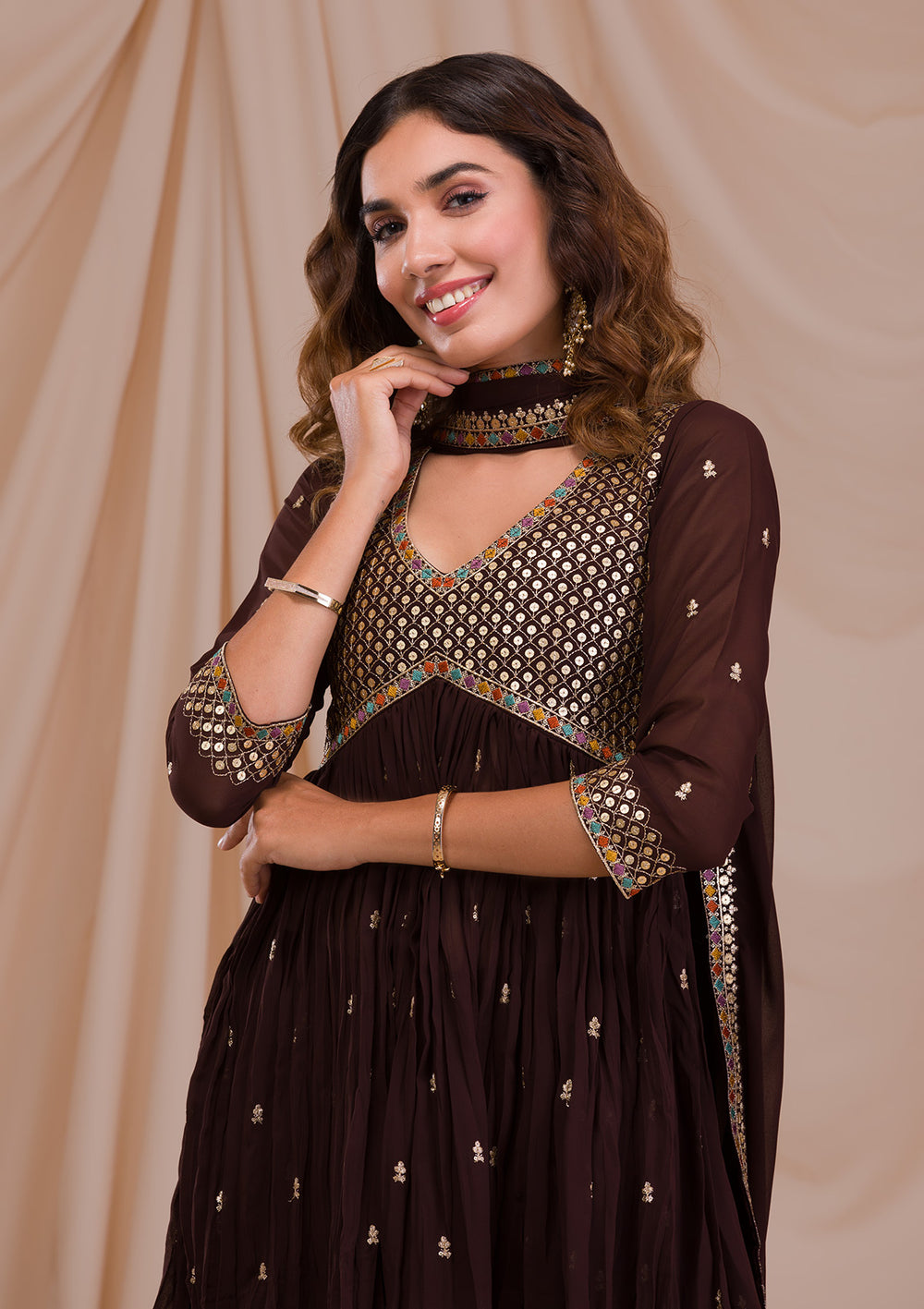 Brown Sequins Georgette Readymade Salwar Suit-Koskii