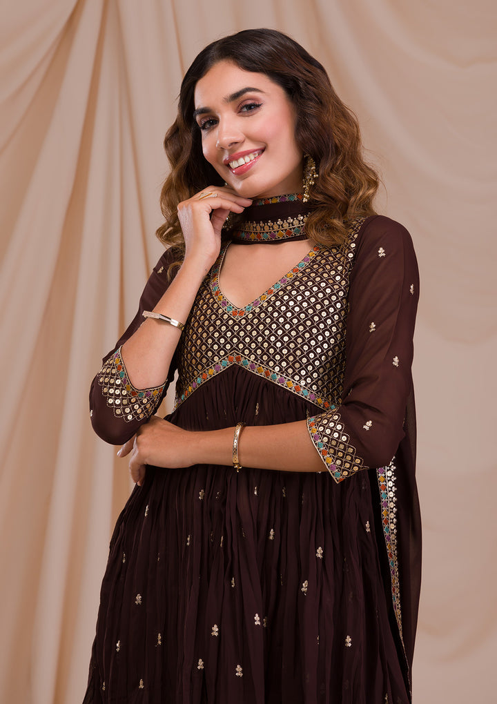 Brown Sequins Georgette Readymade Salwar Suit-Koskii