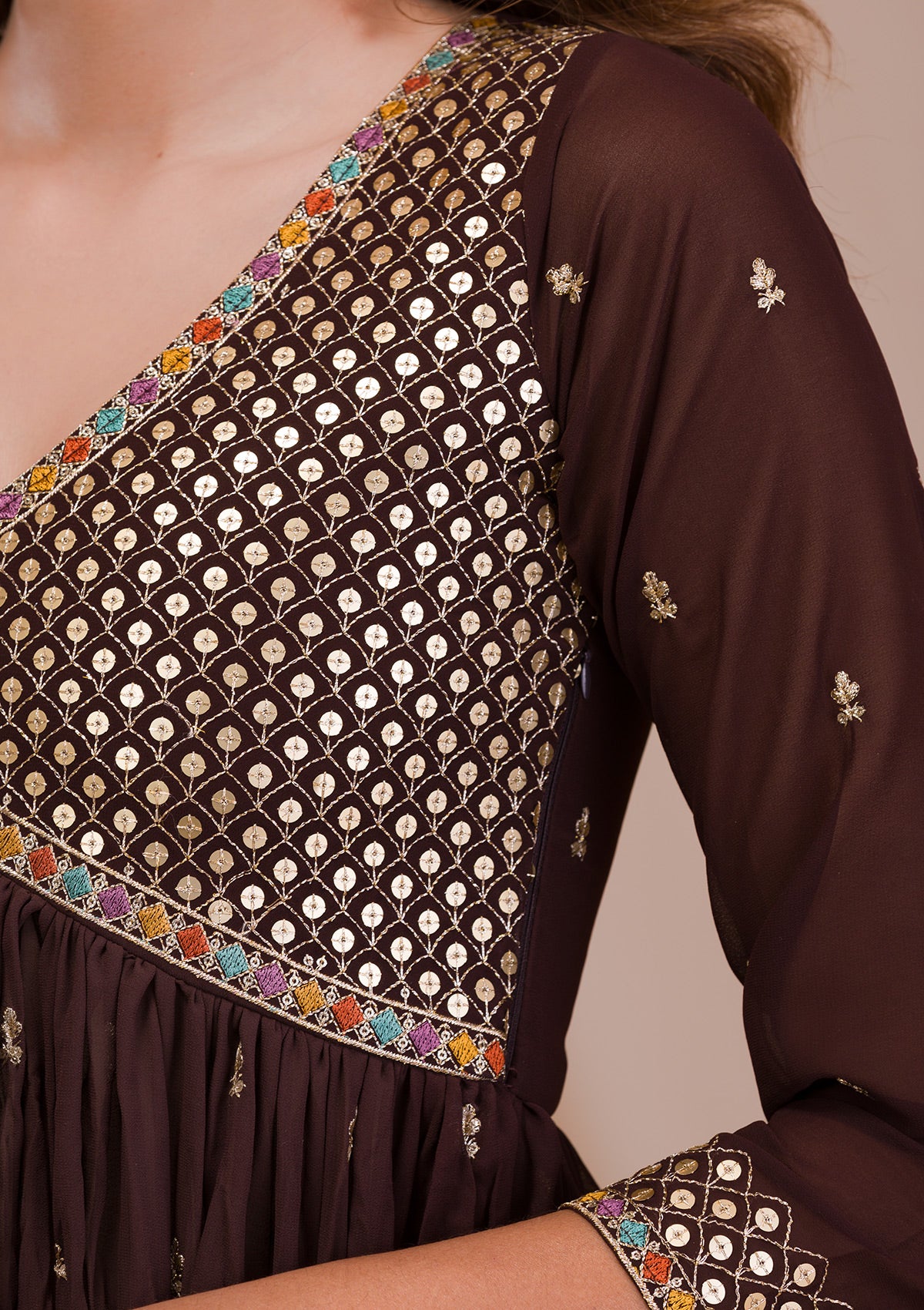 Brown Sequins Georgette Readymade Sharara Suit