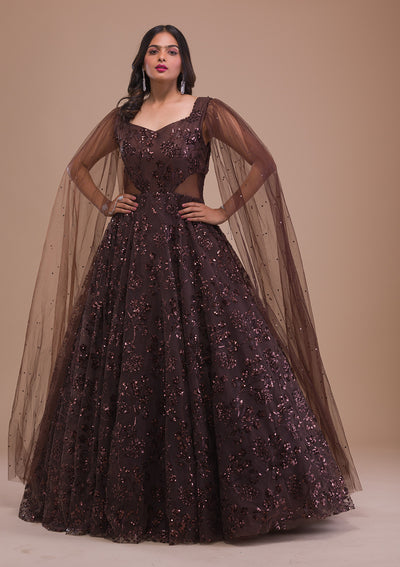 Brown Sequins Net Gown-Koskii