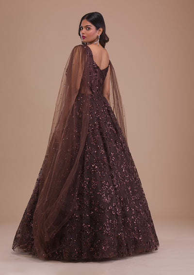 Brown Sequins Net Gown
