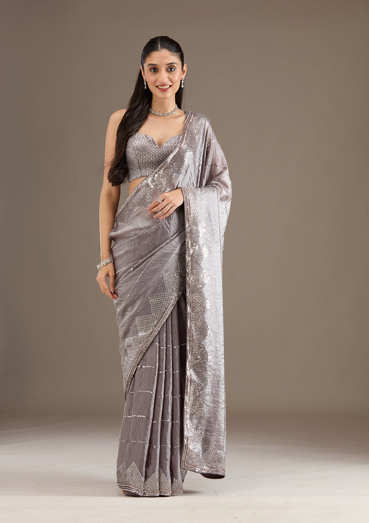 Brown Sequins Tissue Saree