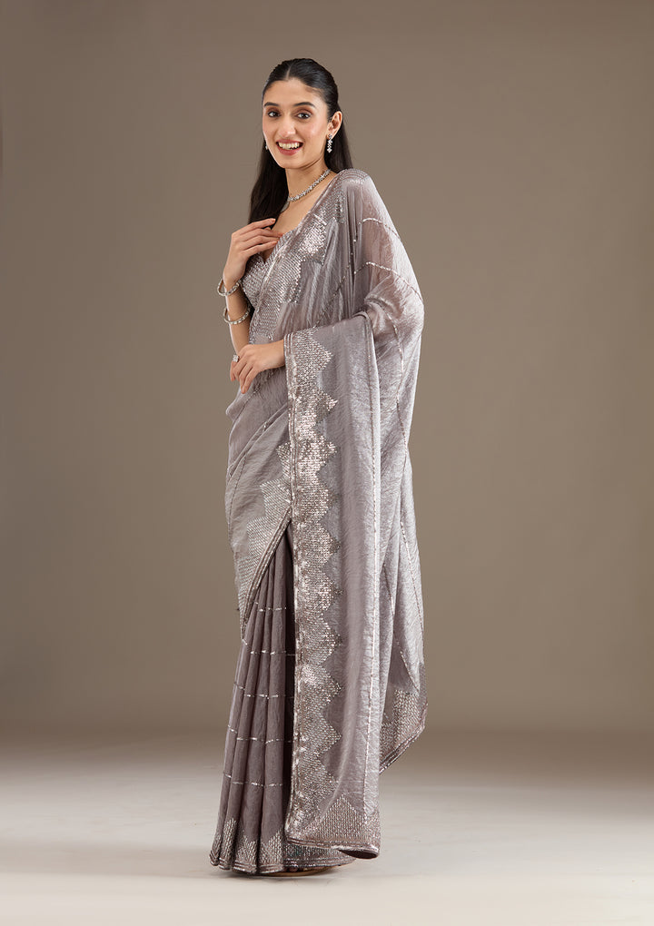 Brown Sequins Tissue Saree