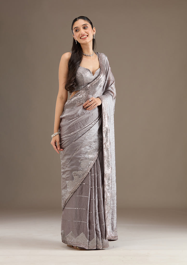 Brown Sequins Tissue Saree