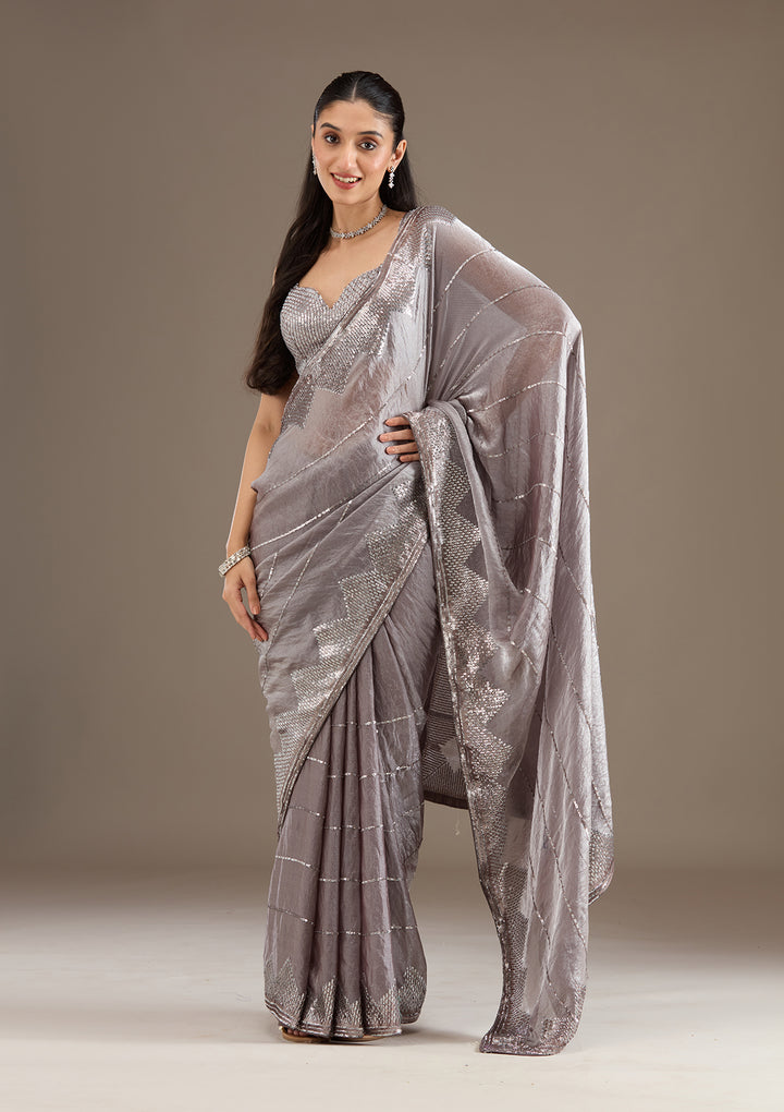 Brown Sequins Tissue Saree