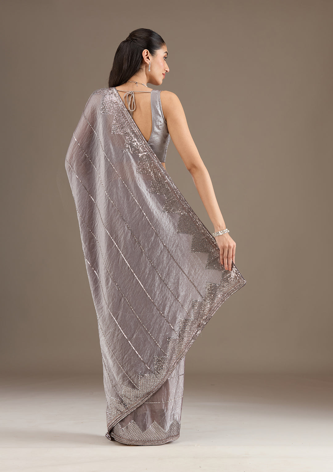 Brown Sequins Tissue Saree