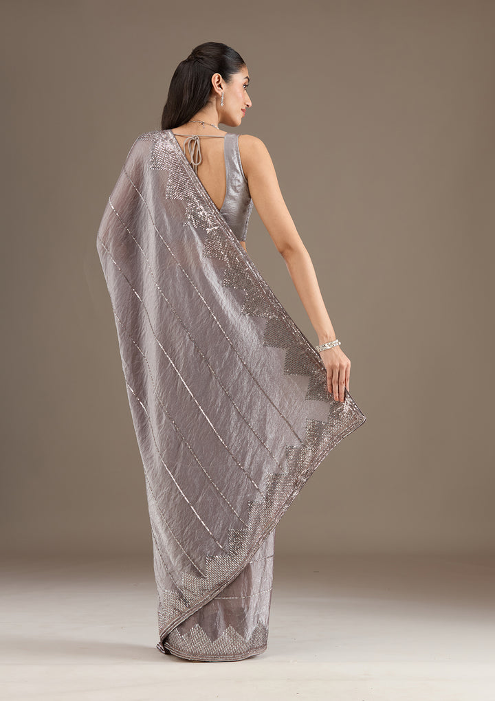 Brown Sequins Tissue Saree