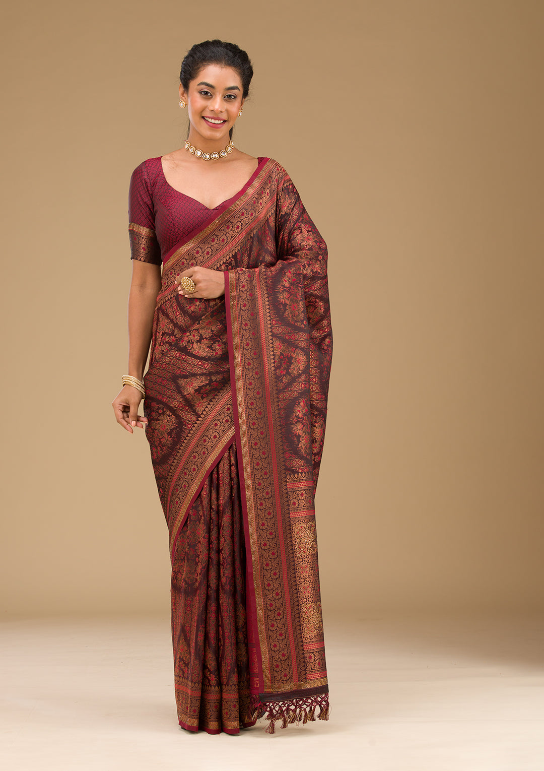 Brown Stonework Art Silk Saree