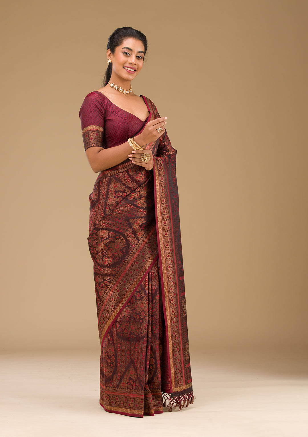 Brown Stonework Art Silk Saree