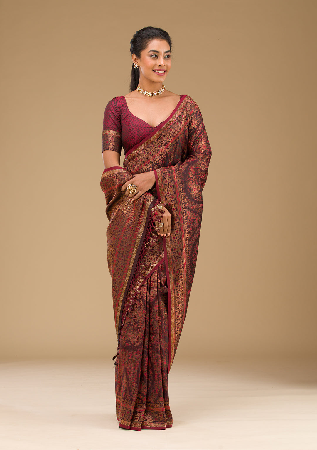 Brown Stonework Art Silk Saree