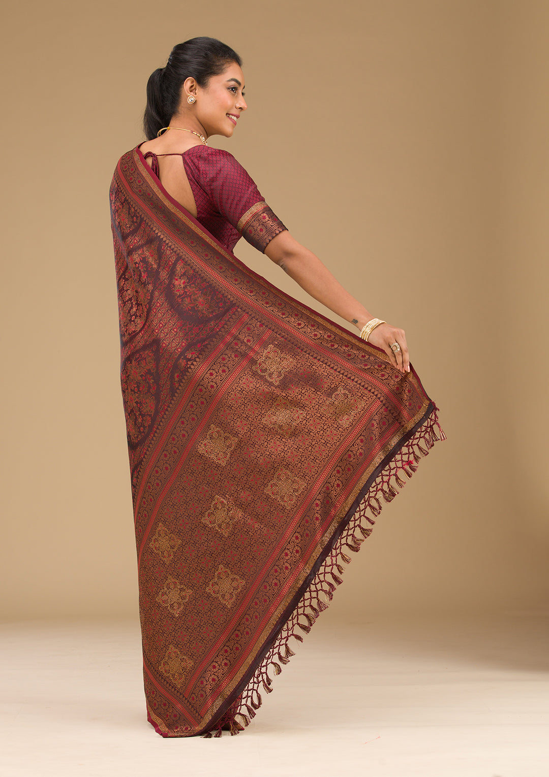 Brown Stonework Art Silk Saree