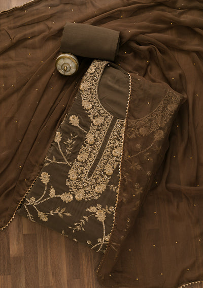 Brown Stonework Organza Unstitched Salwar Suit-Koskii
