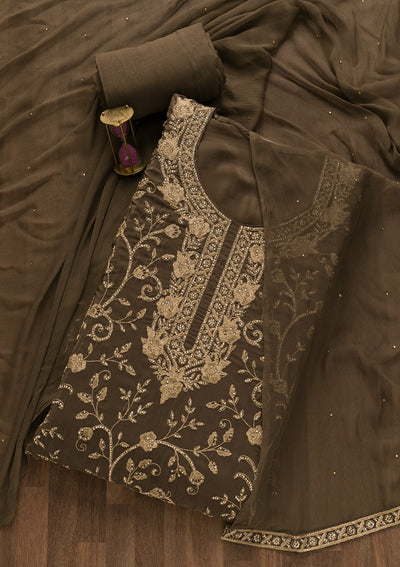 Brown Stonework Semi Crepe Unstitched Salwar Suit
