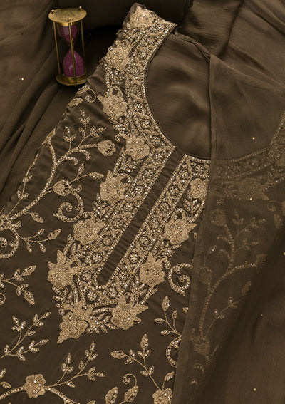 Brown Stonework Semi Crepe Unstitched Salwar Suit