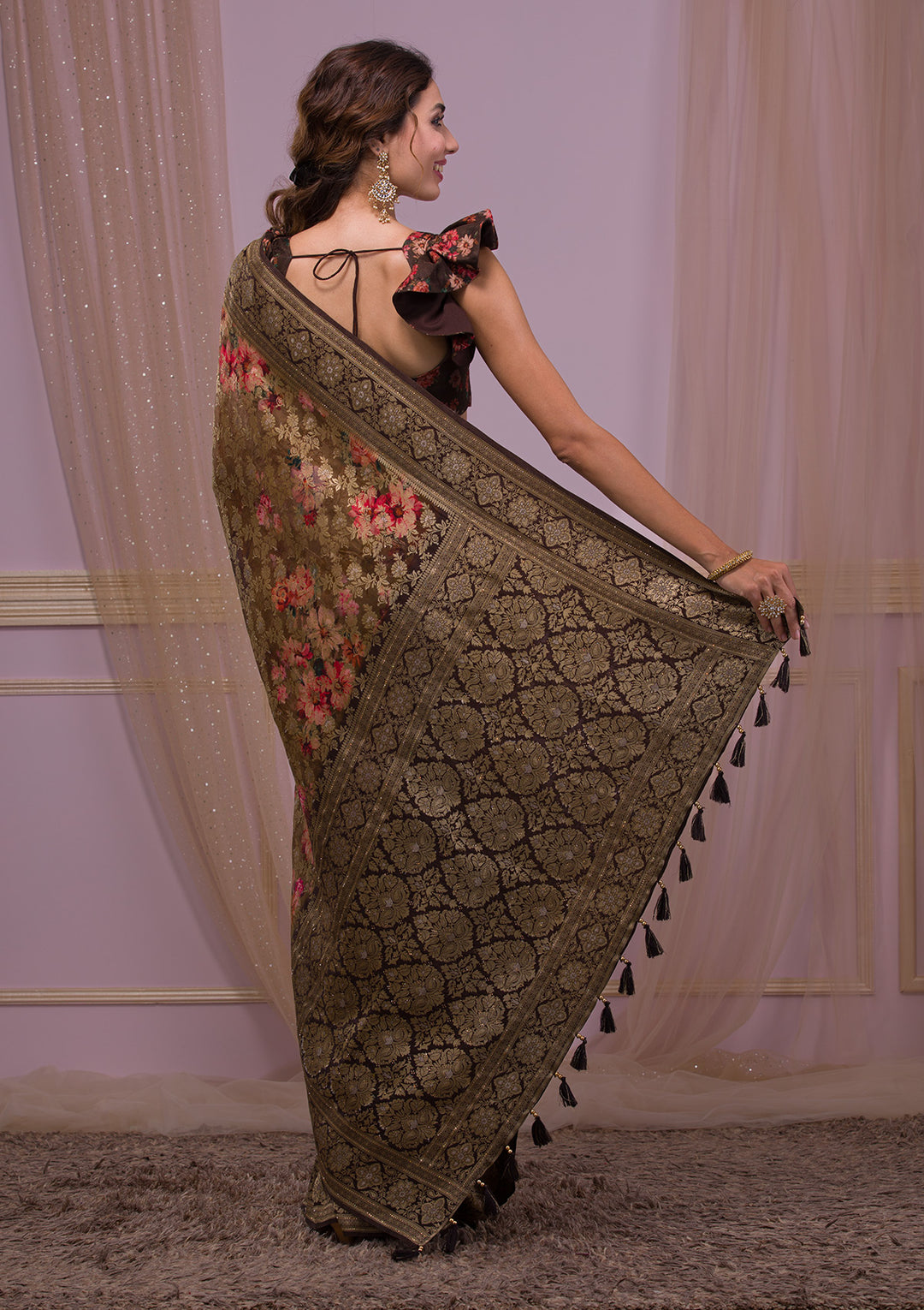 Brown Swarovski Banarasi Silk Saree
