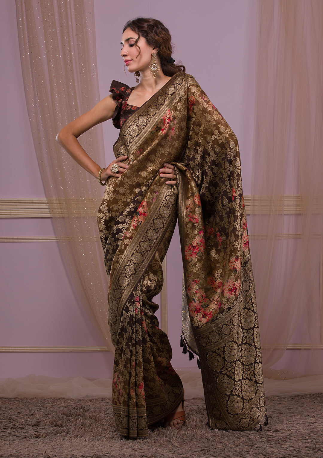 Brown Swarovski Banarasi Silk Saree