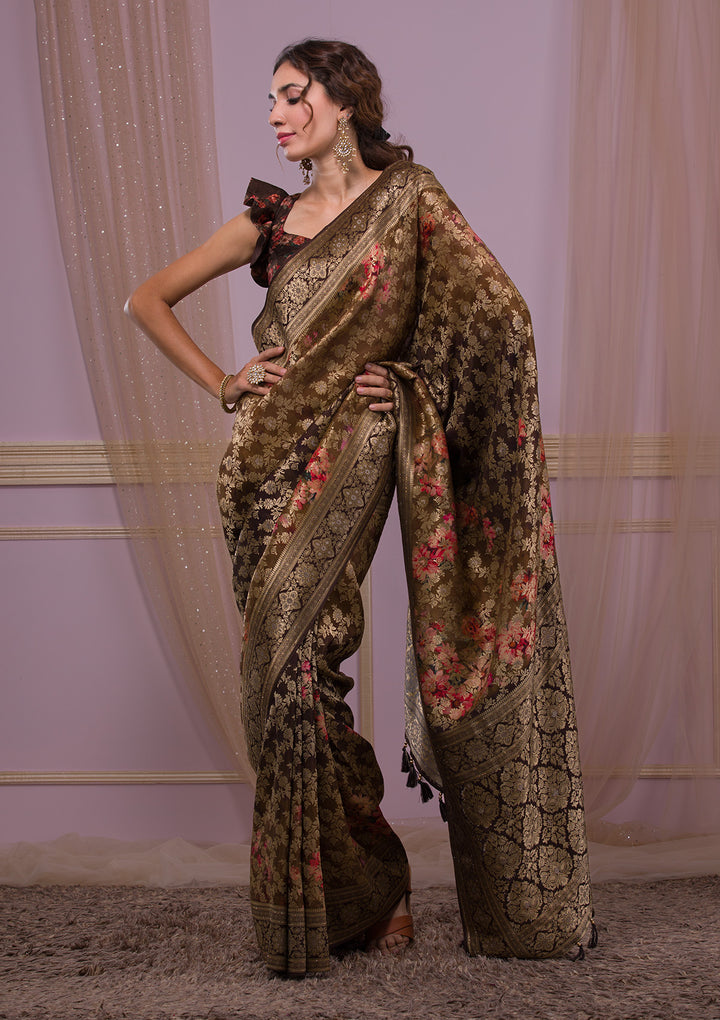 Brown Swarovski Banarasi Silk Saree