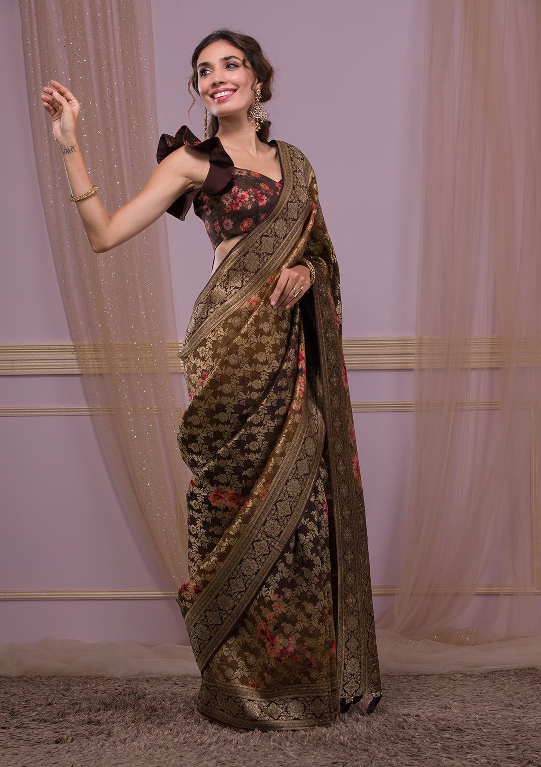 Brown Swarovski Banarasi Silk Saree