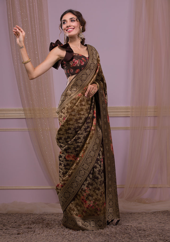 Brown Swarovski Banarasi Silk Saree