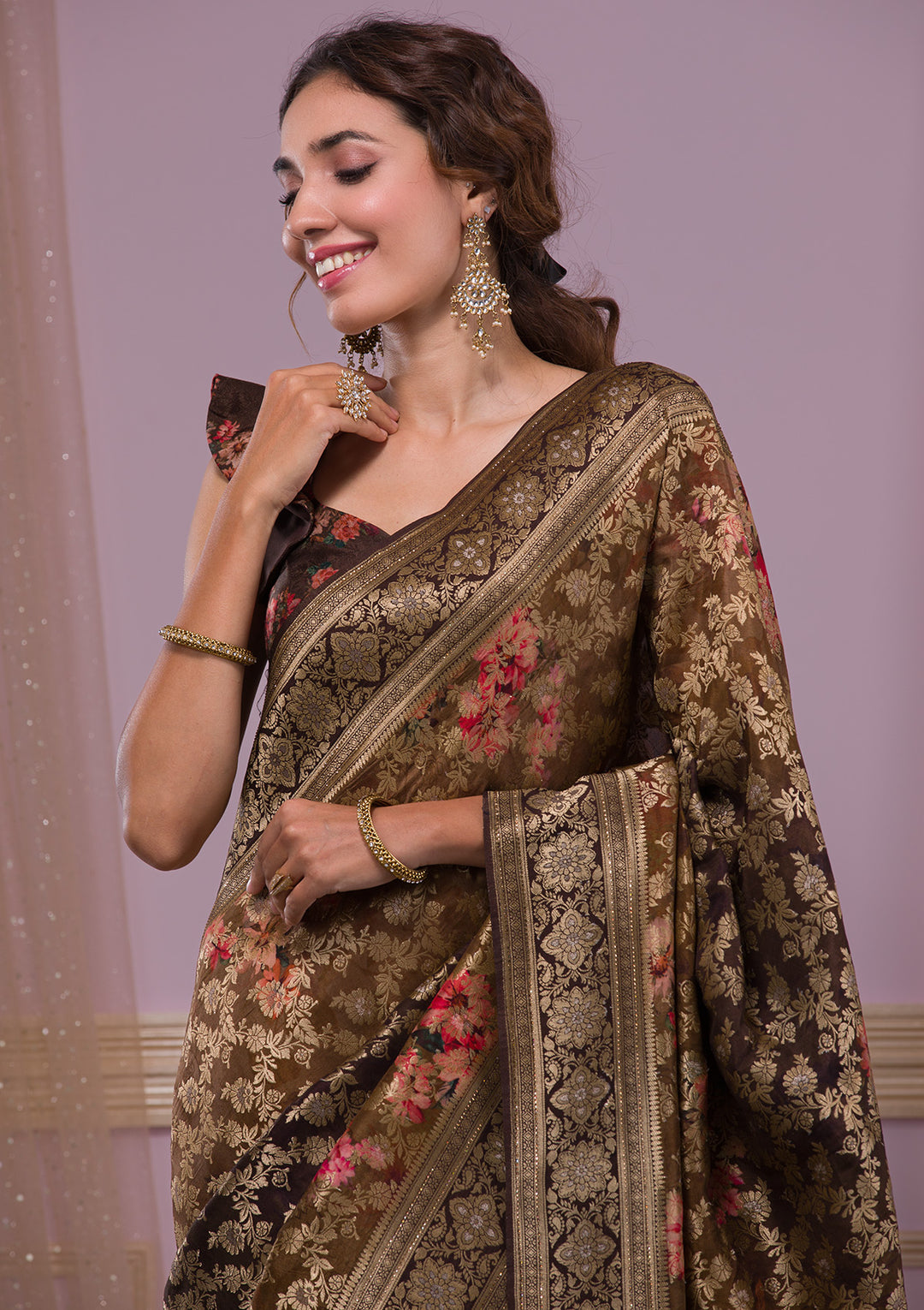 Brown Swarovski Banarasi Silk Saree