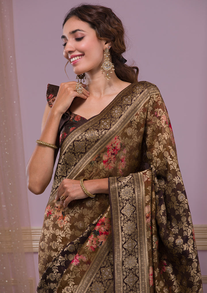 Brown Swarovski Banarasi Silk Saree