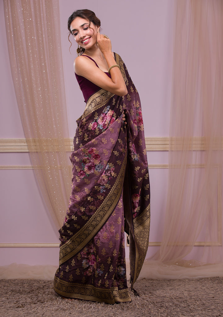 Brown Swarovski Banarasi Silk Saree