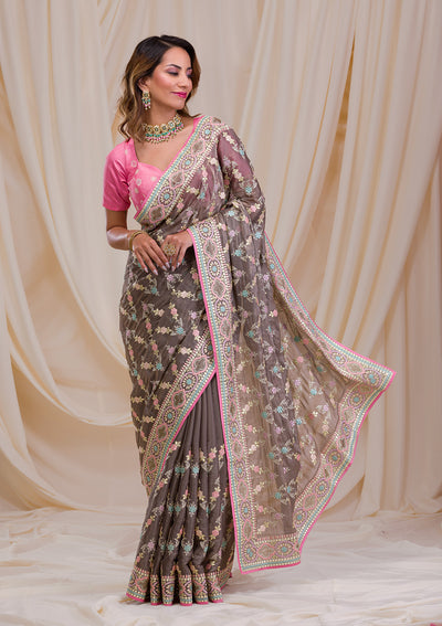 Brown Swarovski Chiffon Saree-Koskii